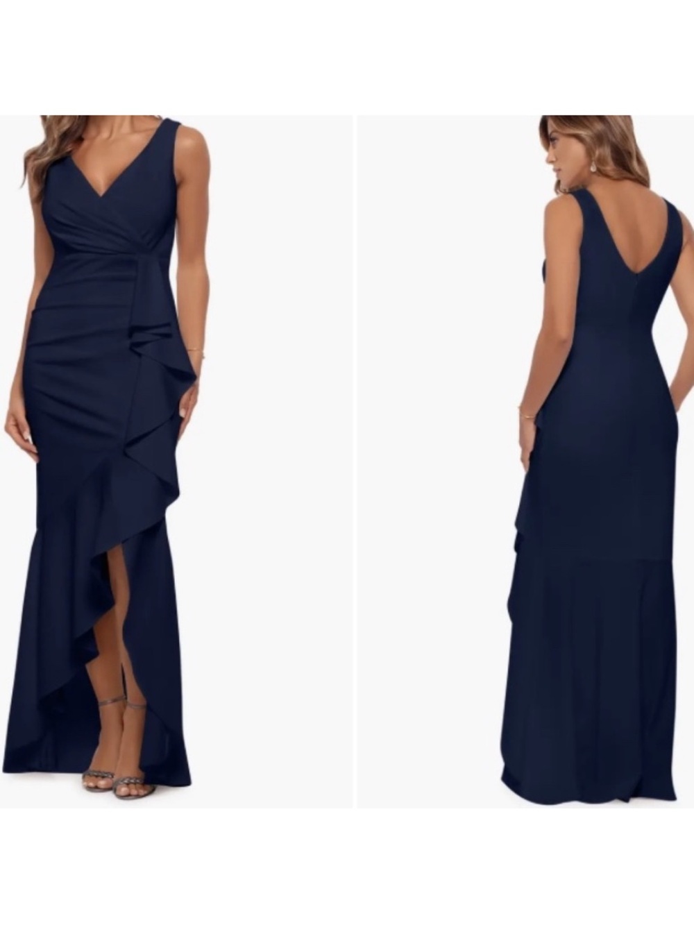 Betsy & Adam Navy Sleeveless Ruffled High-Low Gown